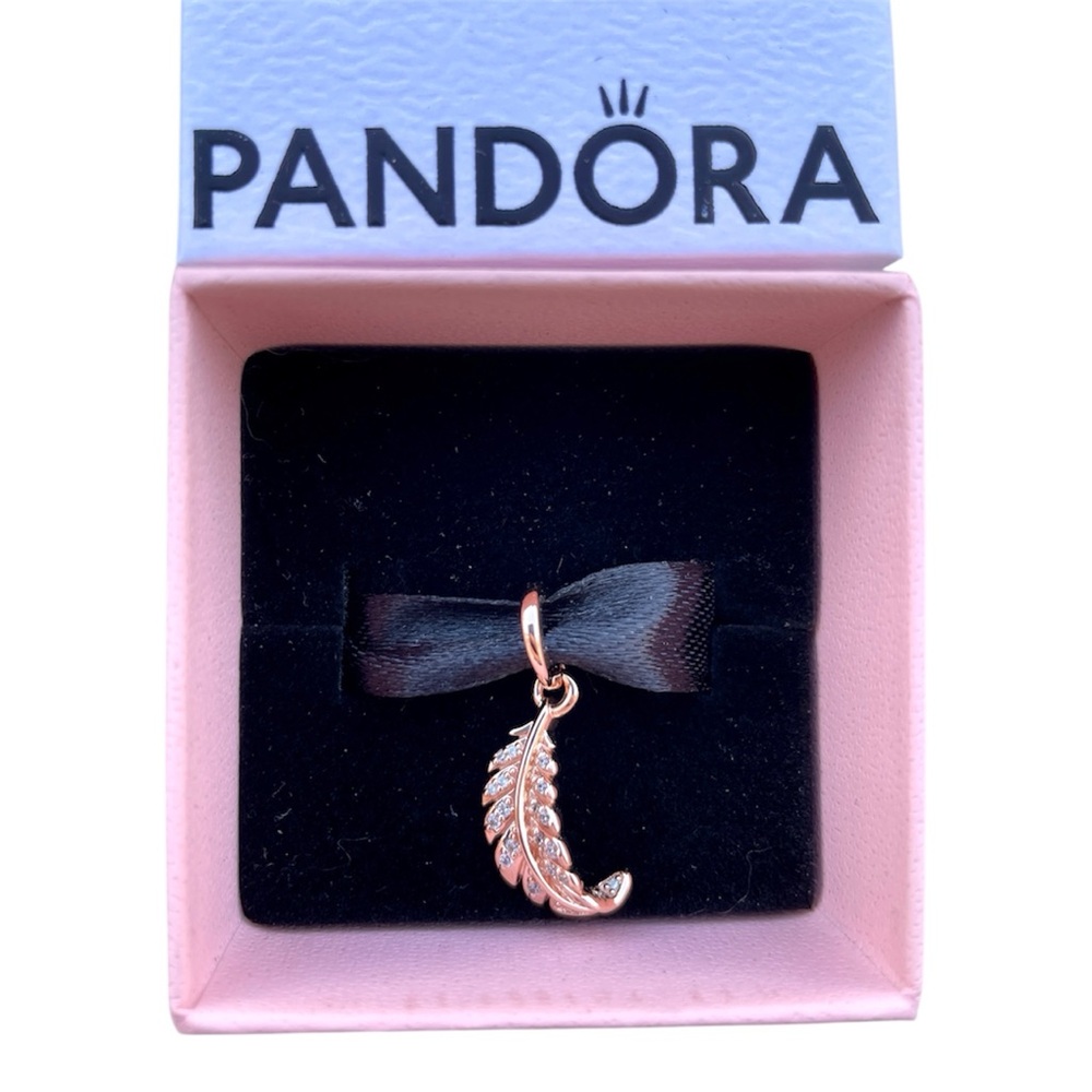 Authentic Pandora Floating Curved 14k Rose Gold plated Feather Dangle Charm New